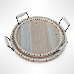 طقم صواني خشب مدور مع حمالات معدن اسود واطار كرات صغيرة لولو قطعتين